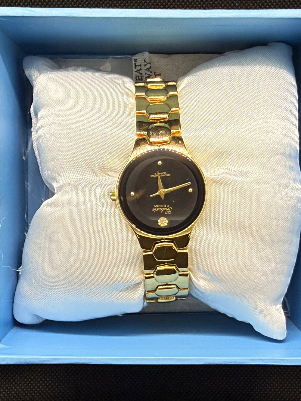 Vintage Galaxie by Elgin Women's Watch Gold Tone Black Dial Genuine Diamond